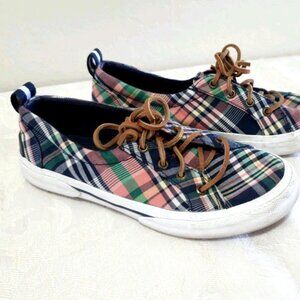 Women SPERRY Canvas Boat Loafers Flats Shoes 6 Plaid Navy Blue Coral Leather Tie